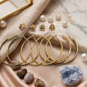 Gold Textured Hoop Earring Set with Pearl and Star Studs